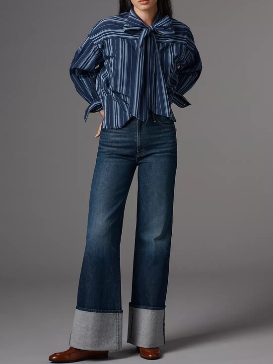 MOTHER Denim - MOTHER High Rise Wide Leg Jeans in Dark Indigo with Contrast Cuffs